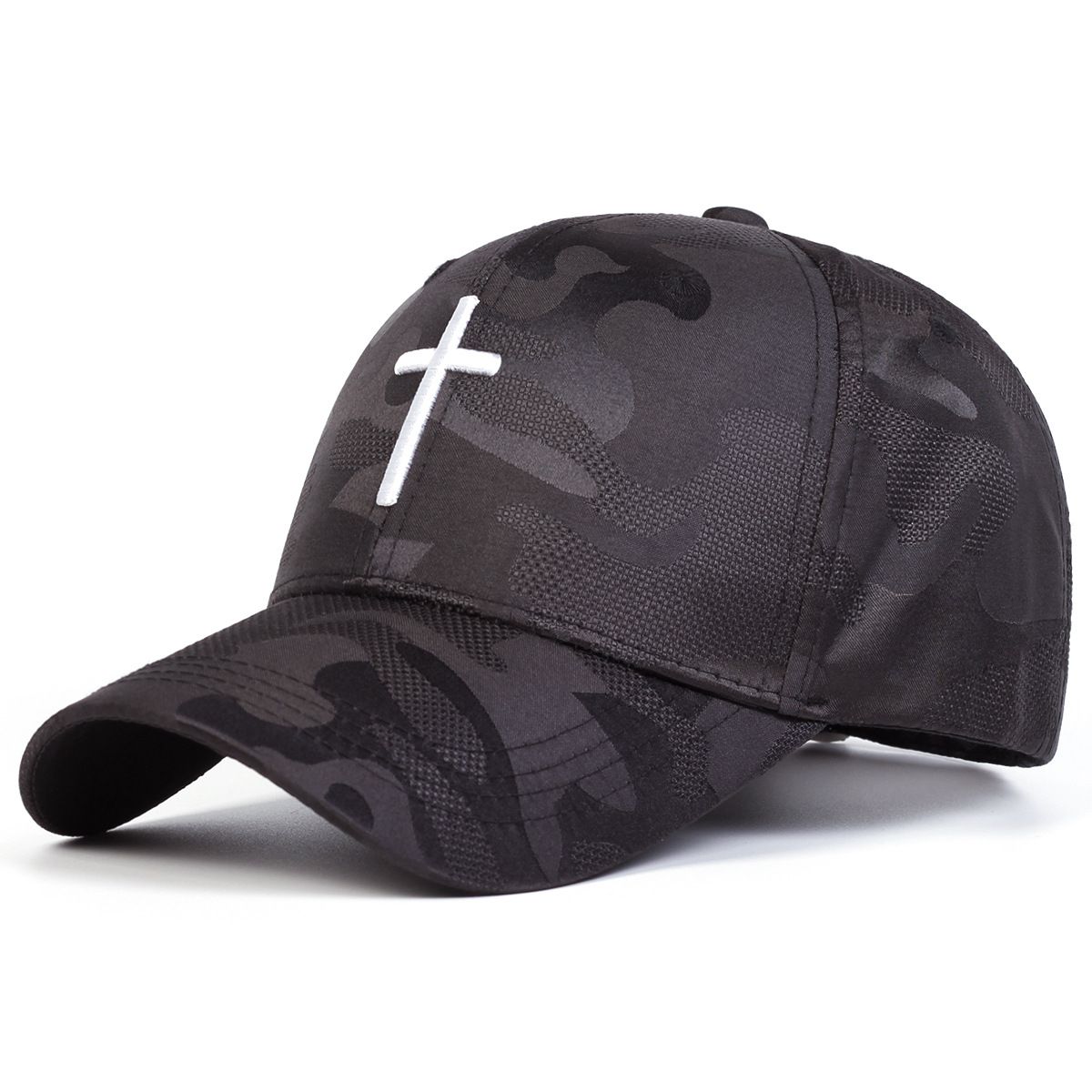 Black Camo Baseball Cap With Cross view 6